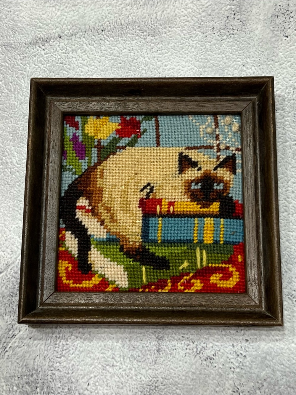 Vintage Siamese Cat Needlepoint Framed Wall Art Kitty On Books Cottagecore